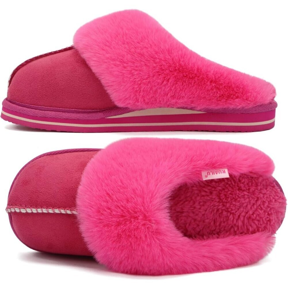 Women's Rose RedFluff Memory Cozy Winter Warm Scuff Slip On Slippers Shoes